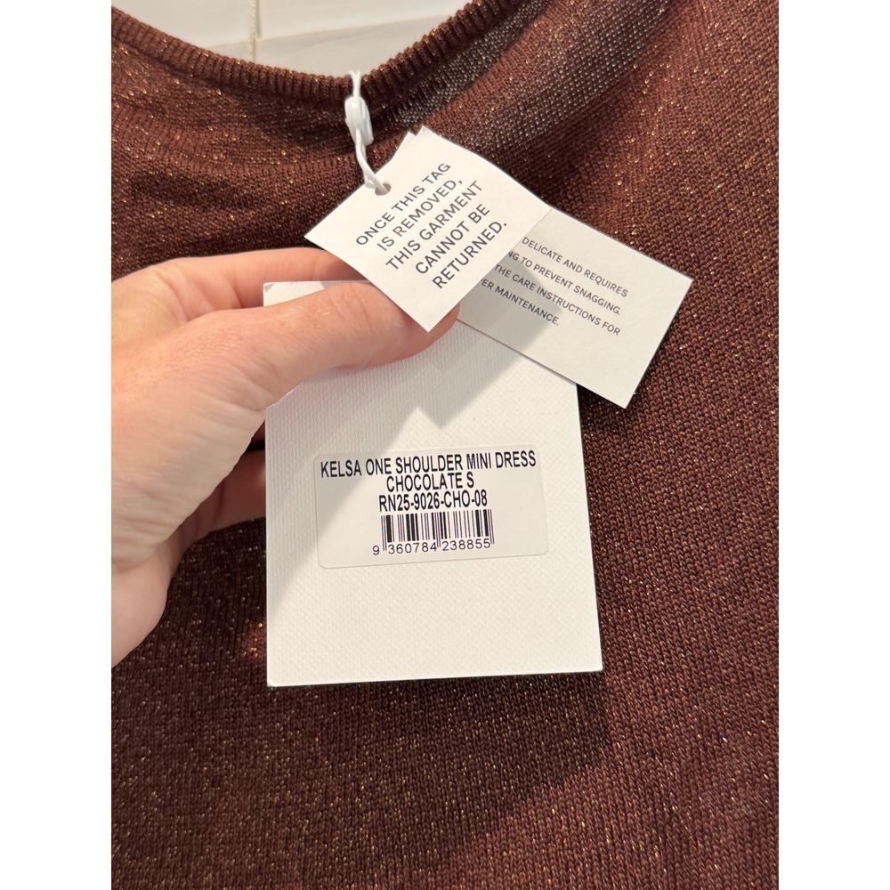 NEW Runaway The Label Kelsa One Shoulder Mini Dress Womens S Chocolate Metallic - Picture 4 of 11